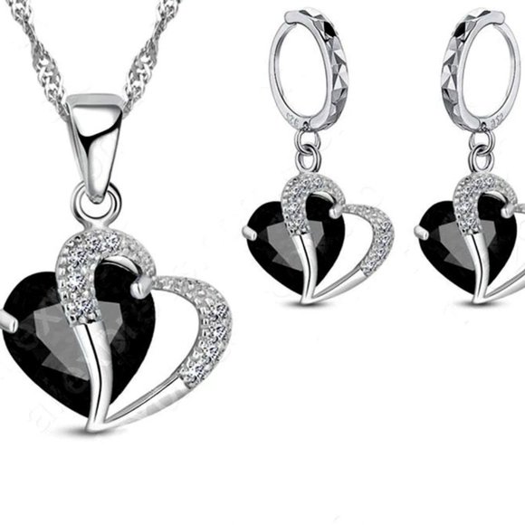 Fashion Jewelry Jewelry - ⭐4pc Bundle Sale⭐ Black Diamond Hearts Pendant And Earrings &18"Chain 925 Silver
